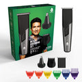 Men's rechargeable grooming trimmer with black clipper and colored guide comb heads