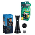Wireless body hair trimmer and disposable razor bundle with pivoting shaving heads