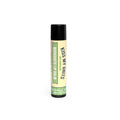 Beige lip balm tube with black cap and printed label