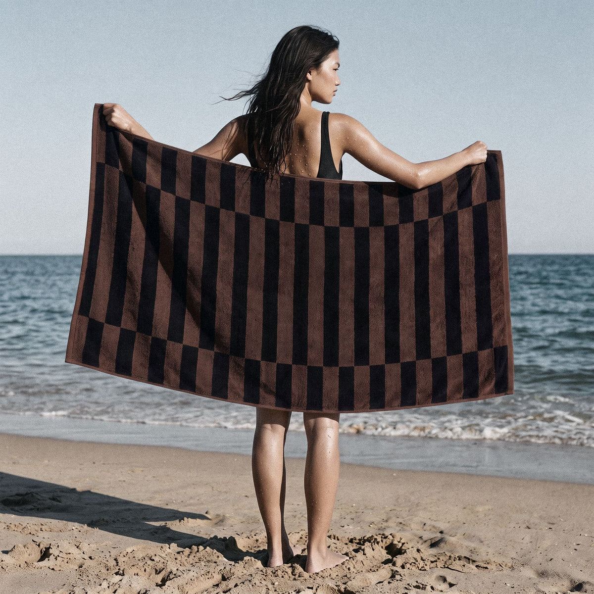 Tobacco and black checkered cotton bath towel, large draped