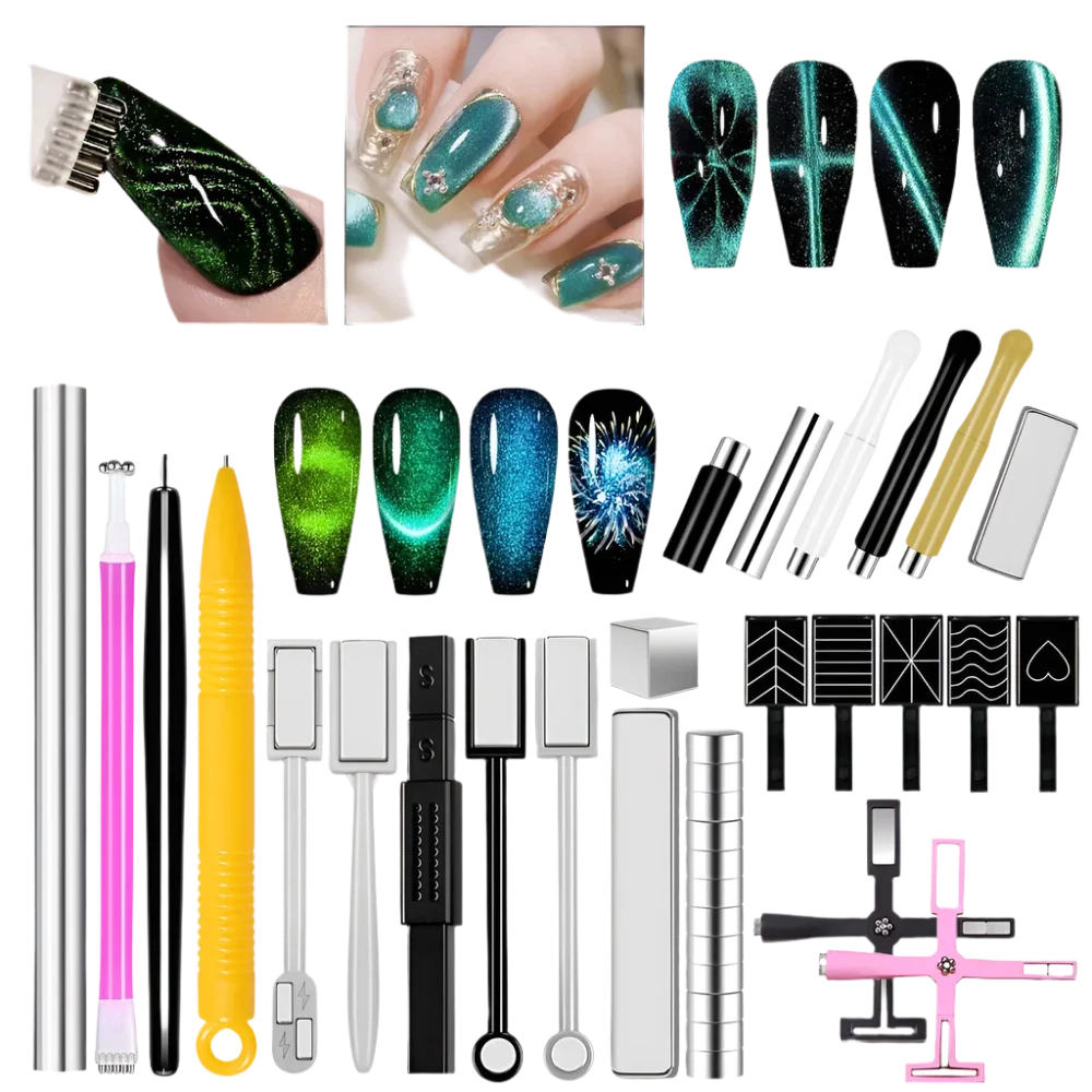 Cat eye nail art magnet set kit with colorful nail swatches and multiple magnet tools
