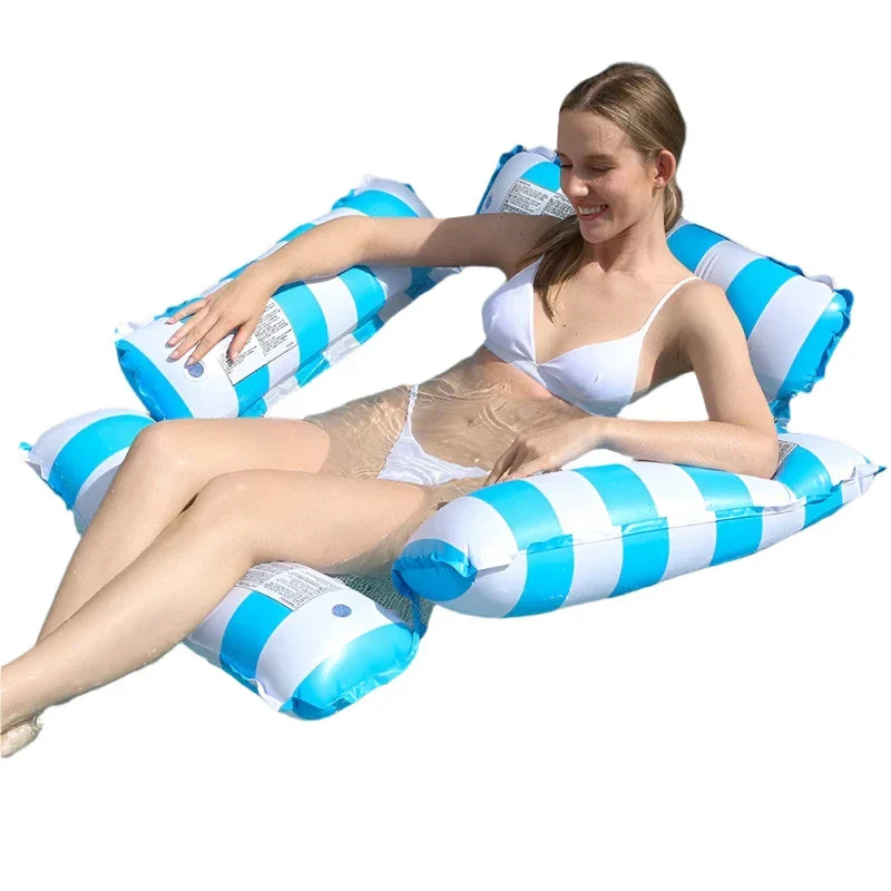 Blue and white striped inflatable pool recliner hammock with armrests and leg support