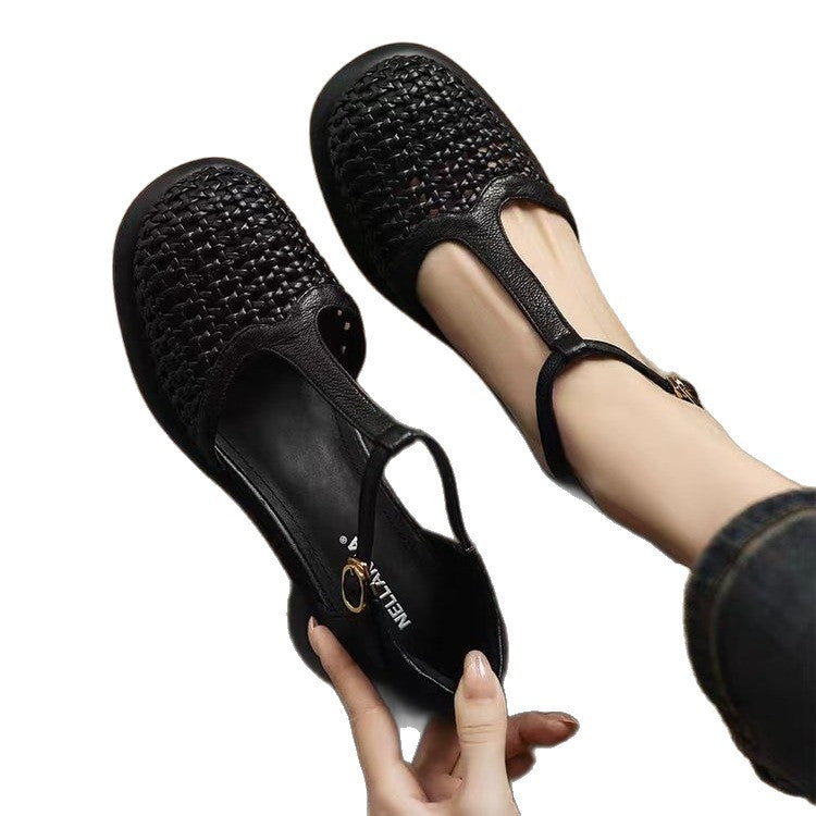 New Summer Soft Leather Roman Platform Mary Jane Shoes Hollow High Heel Pumps