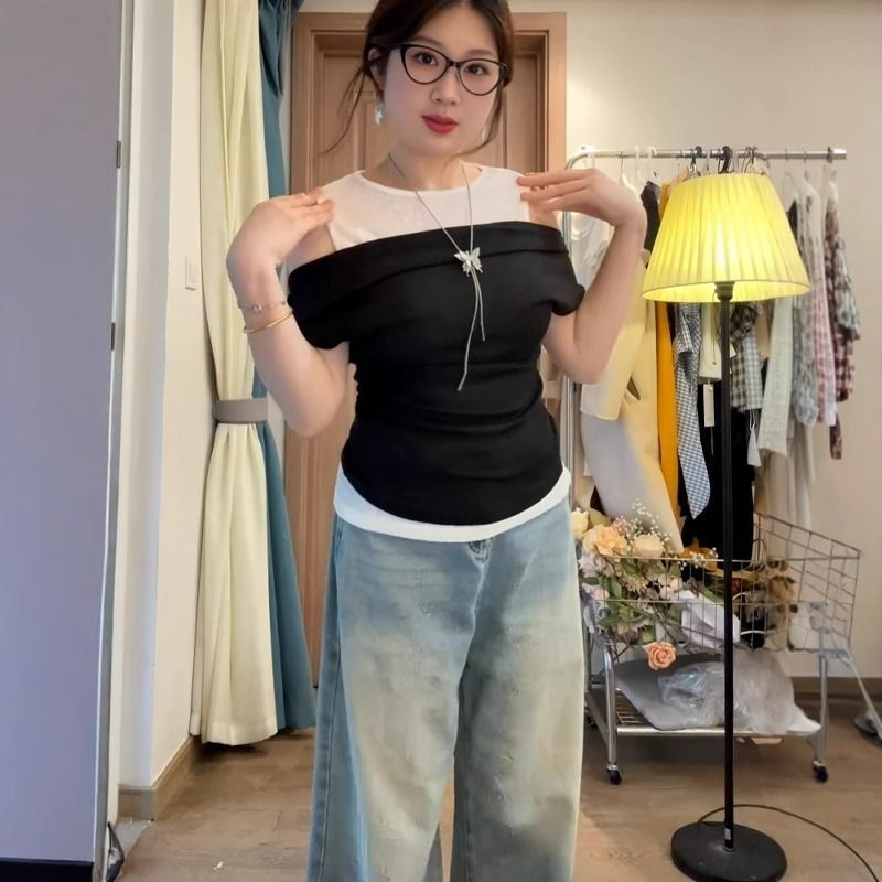 French Fake Two Pieces Short Sleeve Women