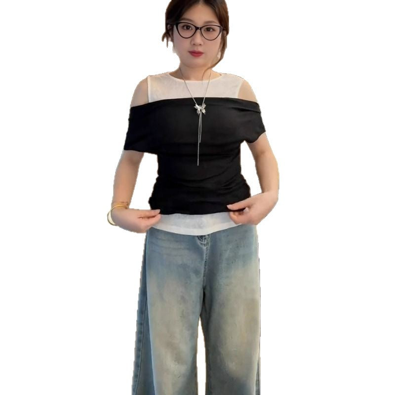 French Fake Two Pieces Short Sleeve Women