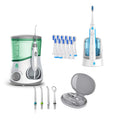Electric water flosser and sonic toothbrush bundle with charging base and nozzle tips