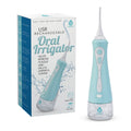 USB rechargeable oral irrigator with teal body and long angled water nozzle