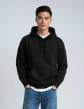 Black heavyweight pullover hoodie with hood, drawstring, and front kangaroo pocket