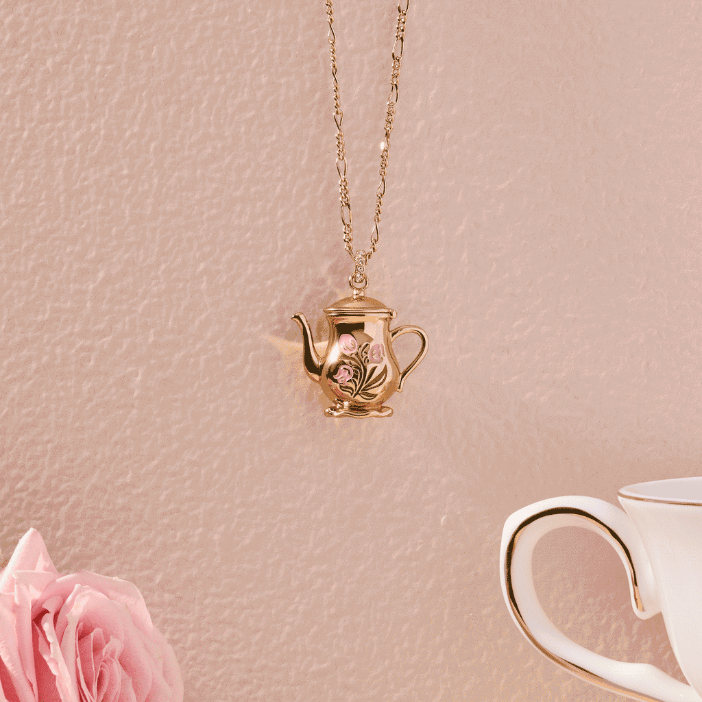 Gold teapot locket pendant necklace with long chain