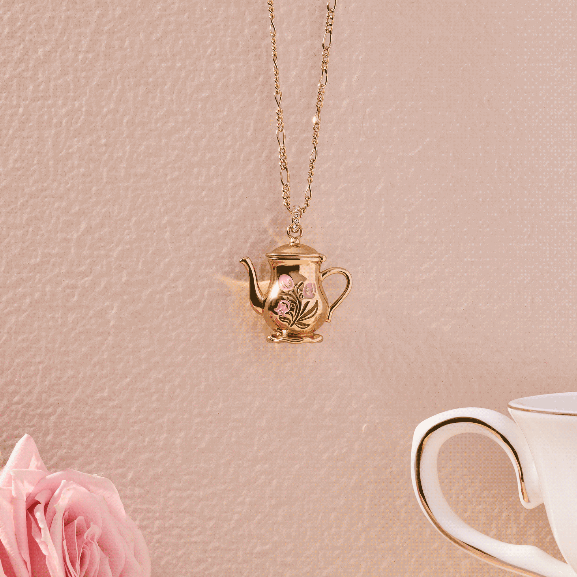 Gold teapot locket pendant necklace with long chain