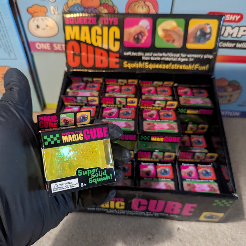 Yellow Translucent Glitter Mini Magic Cube by Squeeze Toys (Slow-Rising Squish)