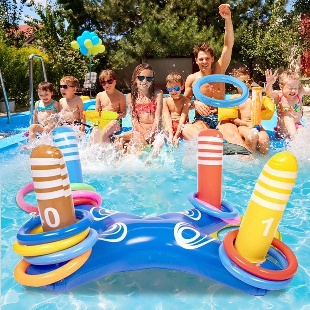 Inflatable pool ring toss set on blue float with striped target posts and rings