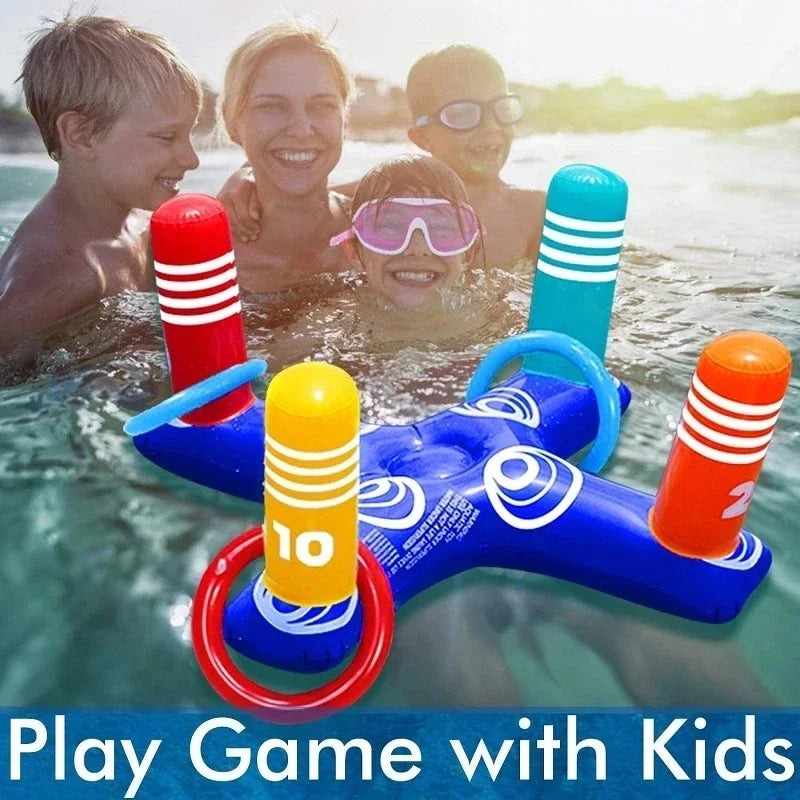 Inflatable ring toss float with red, yellow, and blue striped posts and rings