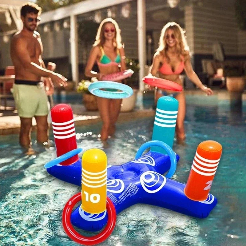 Inflatable pool ring toss float with striped red and yellow posts and rings