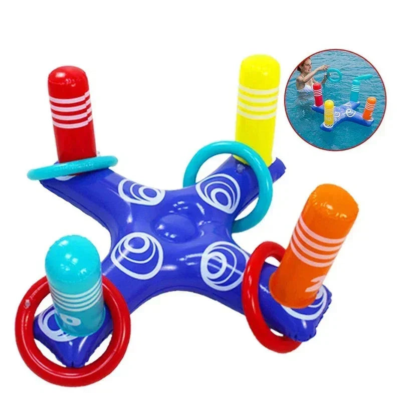 Blue inflatable ring toss float with striped posts and rings
