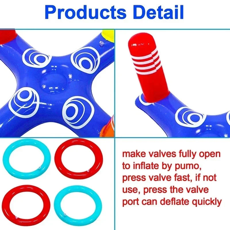 Inflatable ring toss float valve detail with open rings and target post bases