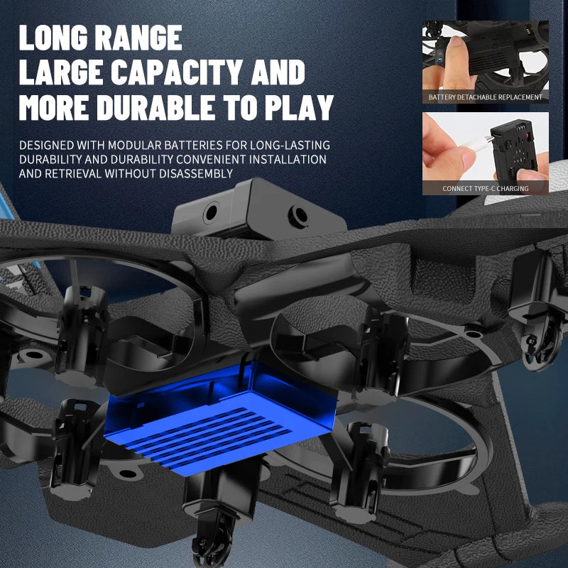 Black camera aircraft plane underside with blue LED panel and landing gear