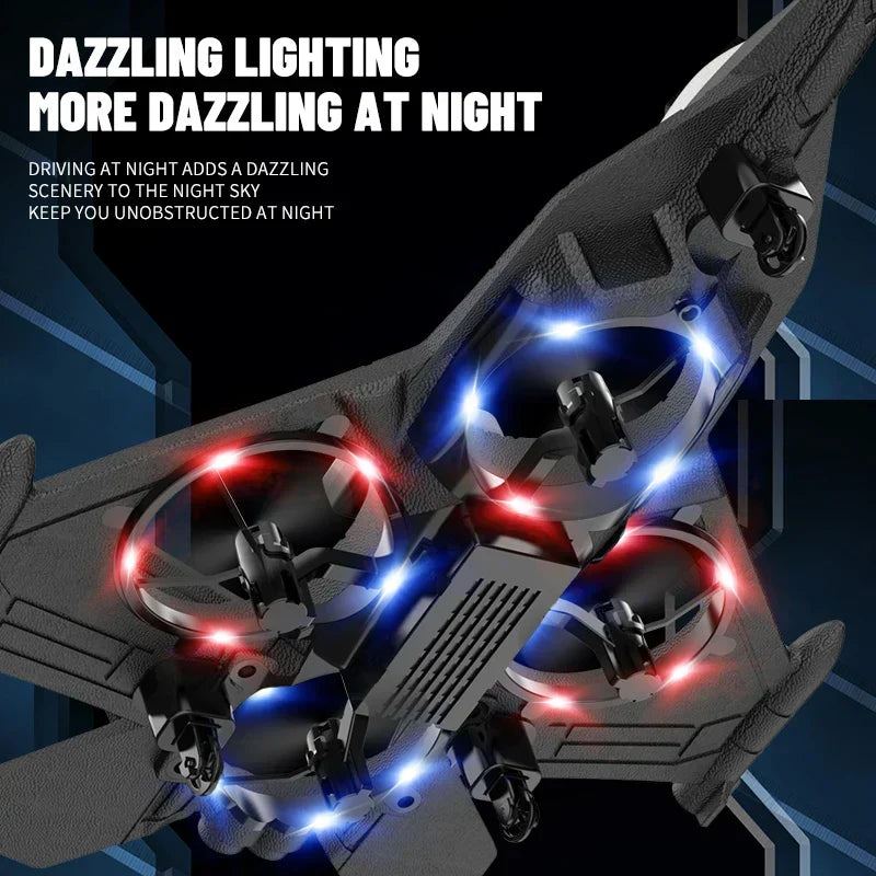 Close-up of red and black camera aircraft plane underside with blue and red LEDs