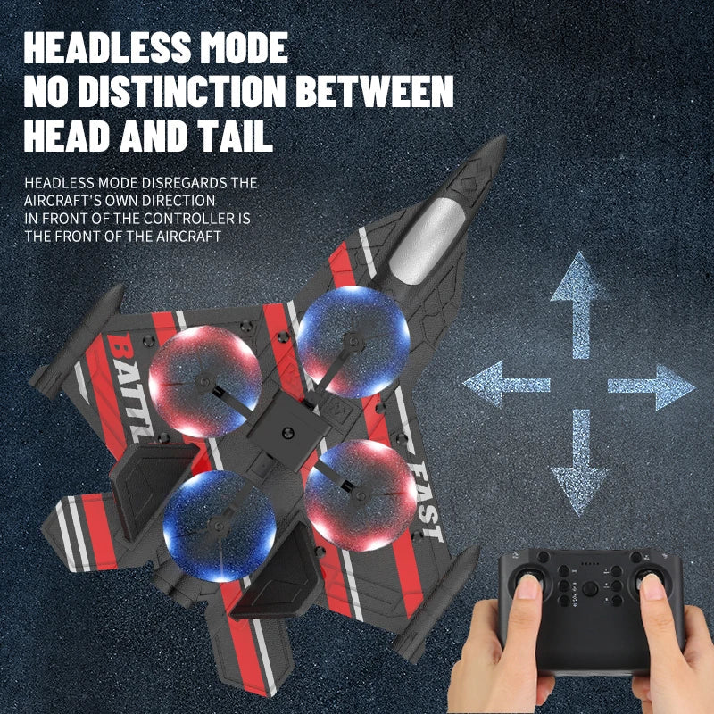 Red and black camera aircraft plane with blue lights; remote controller in view