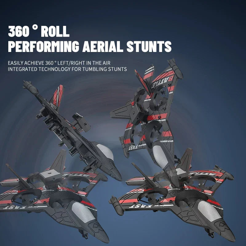 Red and black camera aircraft plane with blue-red lights shown at different angles