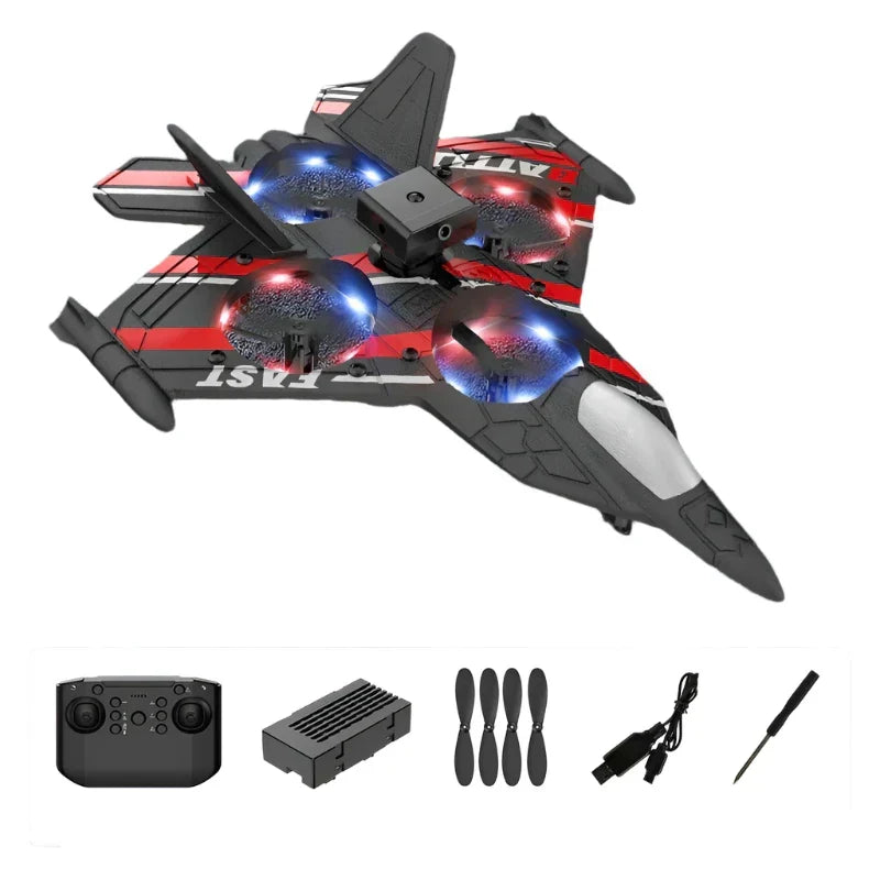 Red and black camera aircraft plane with glowing lights plus accessory kit