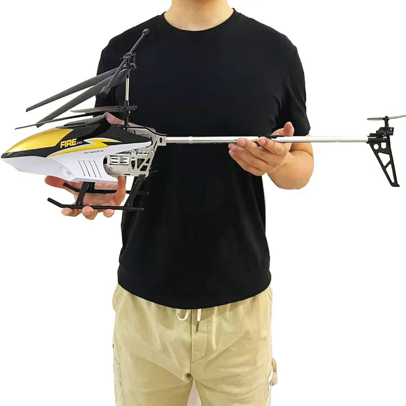 RC helicopter drone with remote controller, white and yellow body with black details