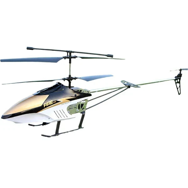 RC helicopter drone with white, yellow, and black body, two-blade main rotor