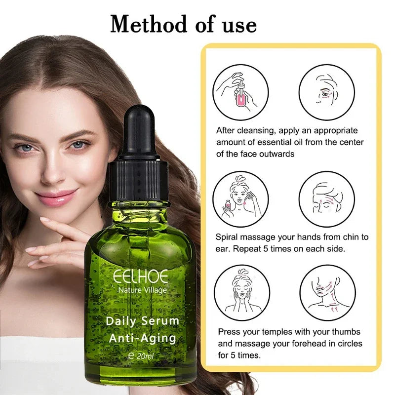 EELHOE anti-aging daily serum bottle with dropper in front of usage steps