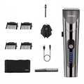 Grey electric hair clipper with adjustable speed display and charging cable, comb, guards