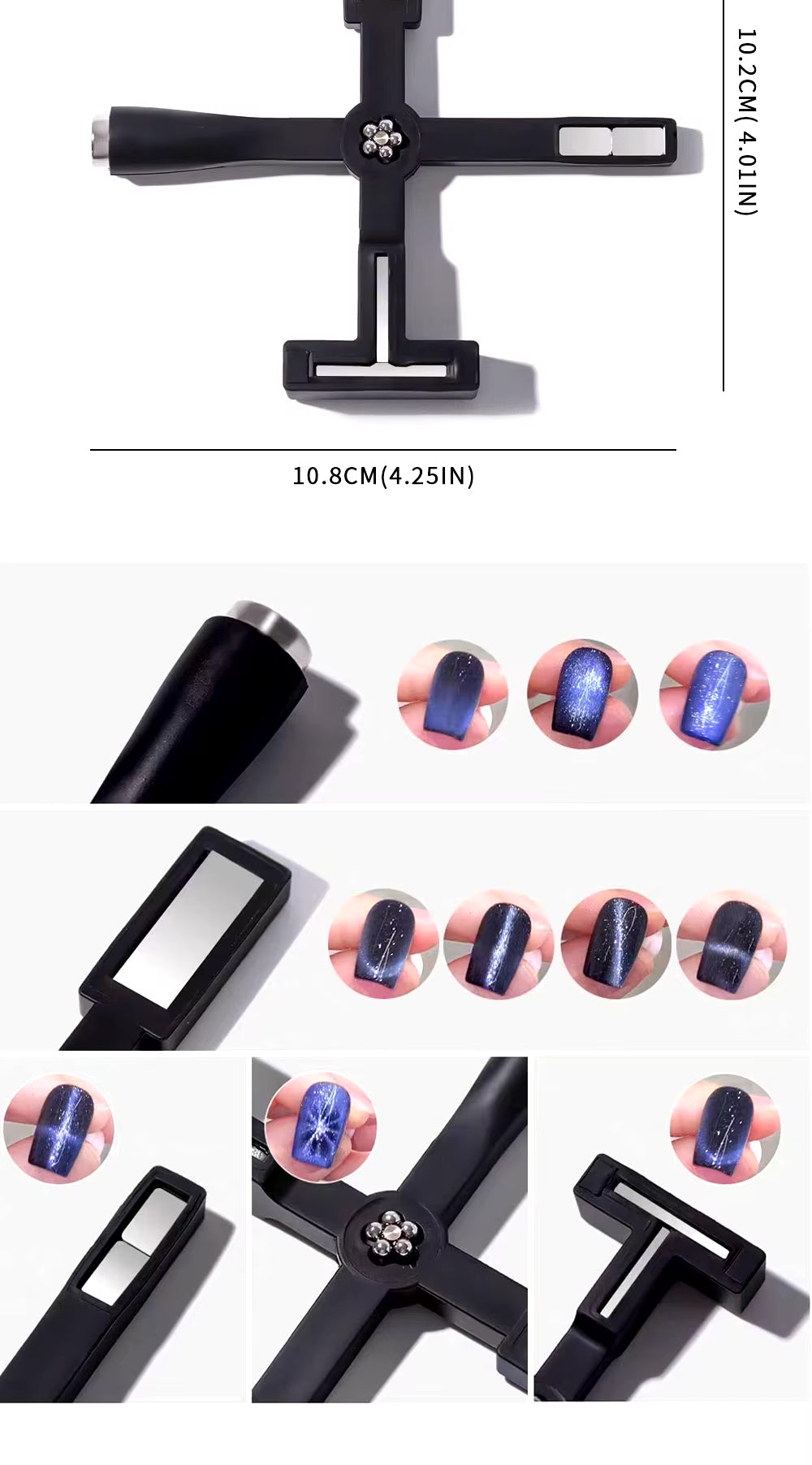 Cat eye nail art magnet set showing cross-shaped magnet tool and nail swatch circles