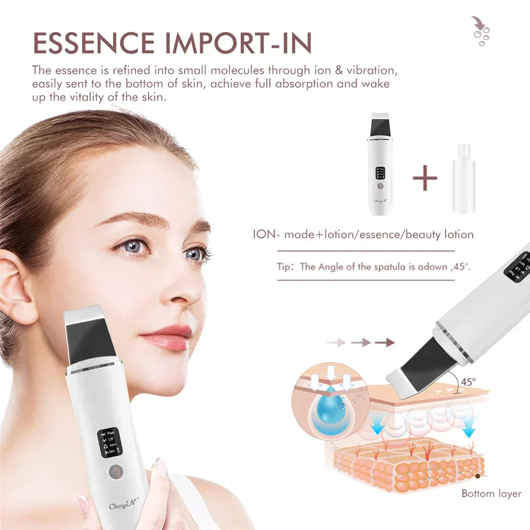Ultrasonic skin scrubber handle with detachable tip and small accessory