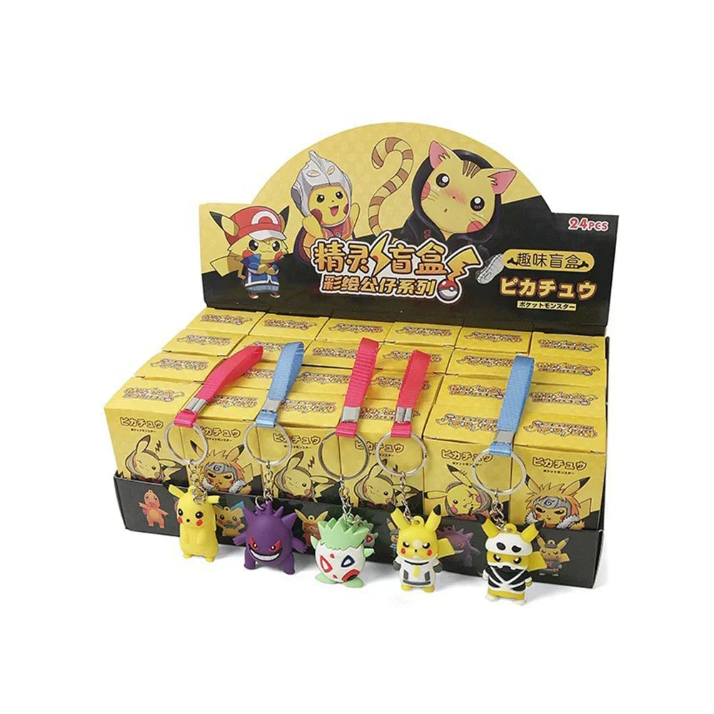 Pokemon keychain set box with hanging character keychains peeking out
