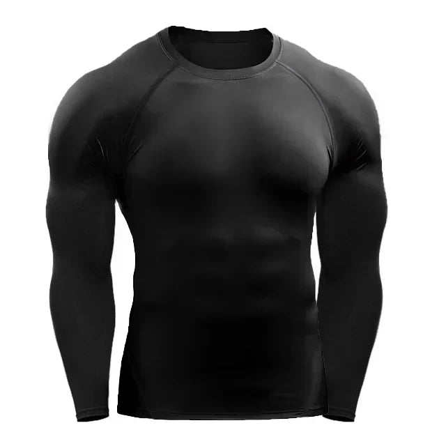 Men's long-sleeve training T-shirt, dark charcoal, crew neck, slim fit.