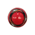 Red and black PU soccer ball, official size 5, glossy panel design with curved stripes