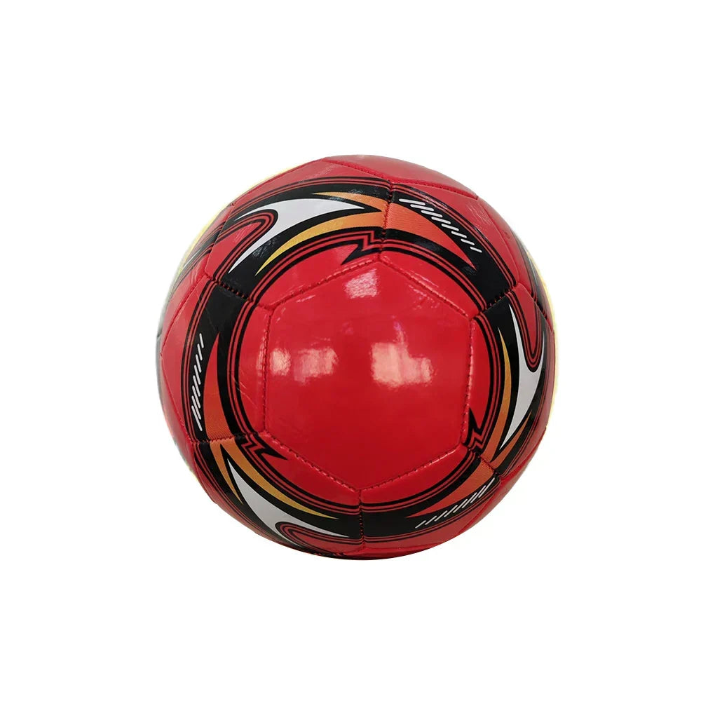 Red and black PU soccer ball, official size 5, glossy panel design with curved stripes