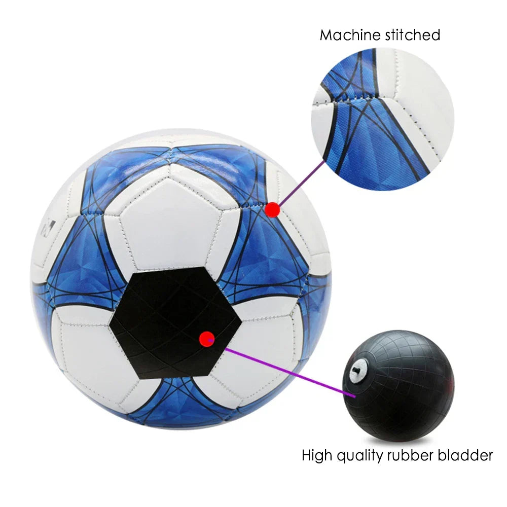 Youth size 5 soccer ball, white and blue, machine-stitched design with seam detail