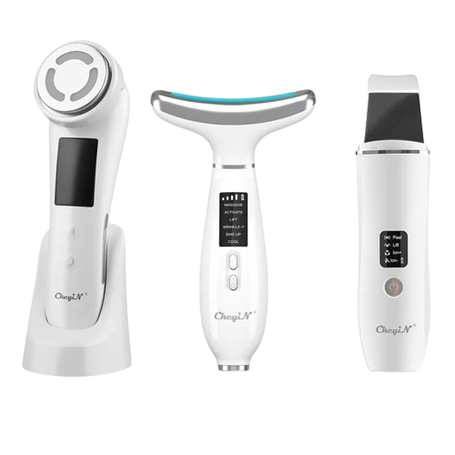 Three-piece ultrasonic skin scrubber set with LED EMS massager, white devices