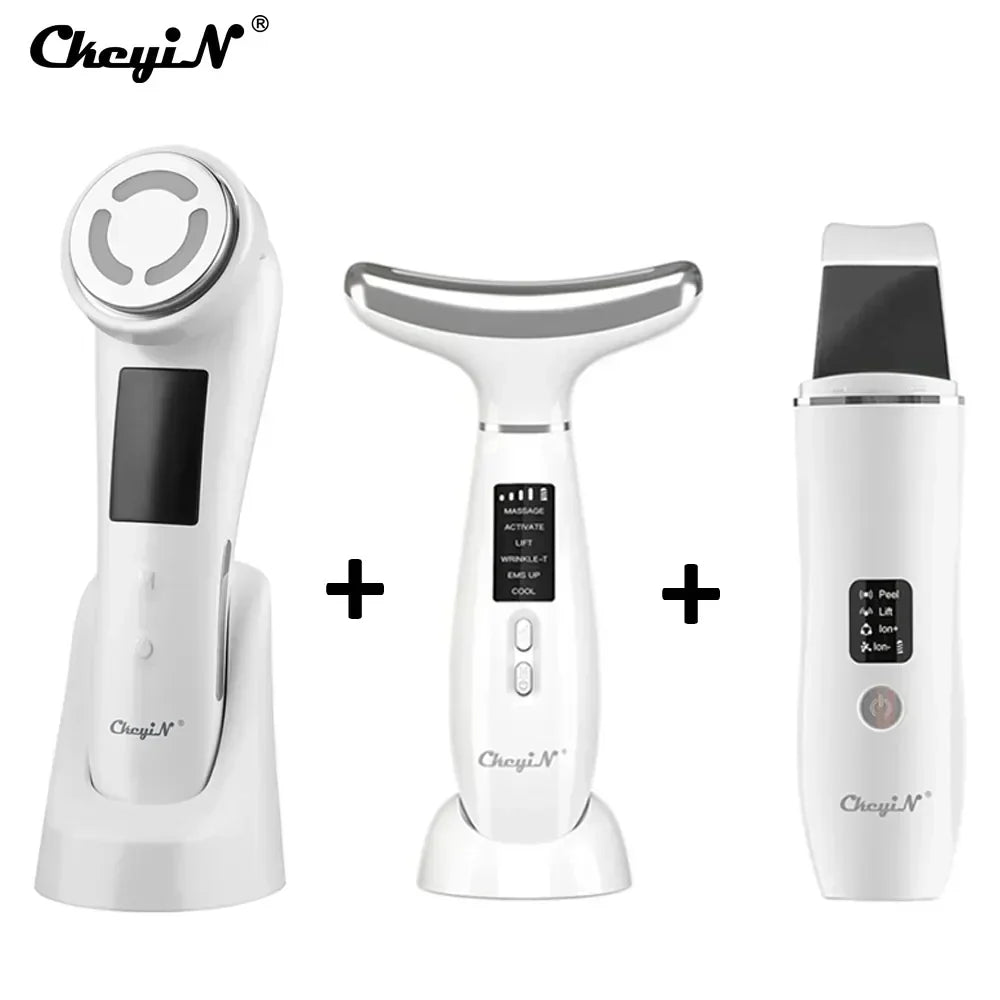 Three-piece ultrasonic skin scrubber kit with EMS massager and LED therapy unit