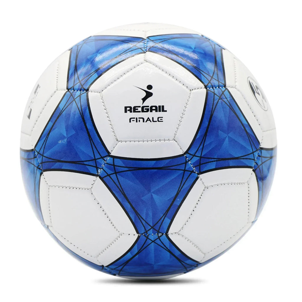 Youth size 5 soccer ball close-up, white and blue machine-stitched pattern