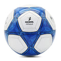 Youth size 5 soccer ball close-up, white and blue machine-stitched pattern