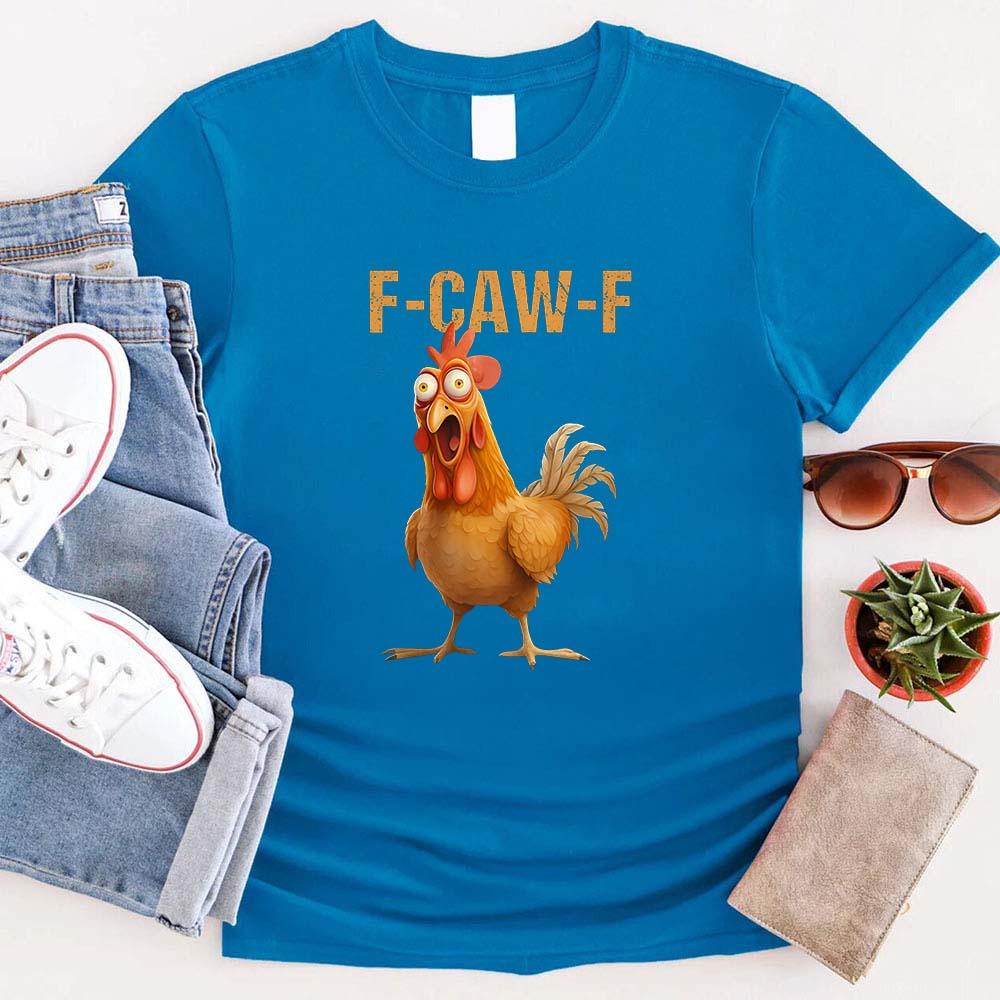 Blue unisex T-shirt with F-CAW-F text and centered rooster cartoon illustration