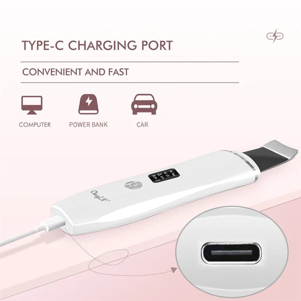 White skincare massager with USB Type-C charging port and control screen