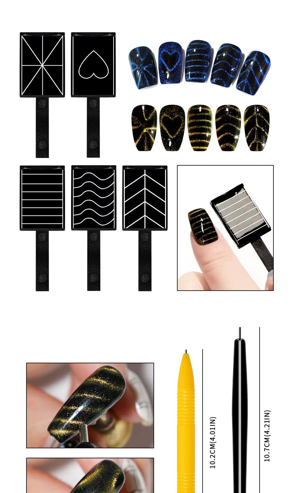 Cat eye nail art magnet set with black magnet plates and matching nail swatch tips