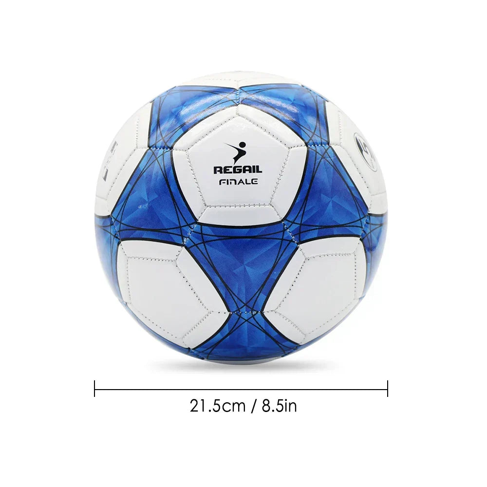Youth size 5 soccer ball with white and blue machine-stitched panels