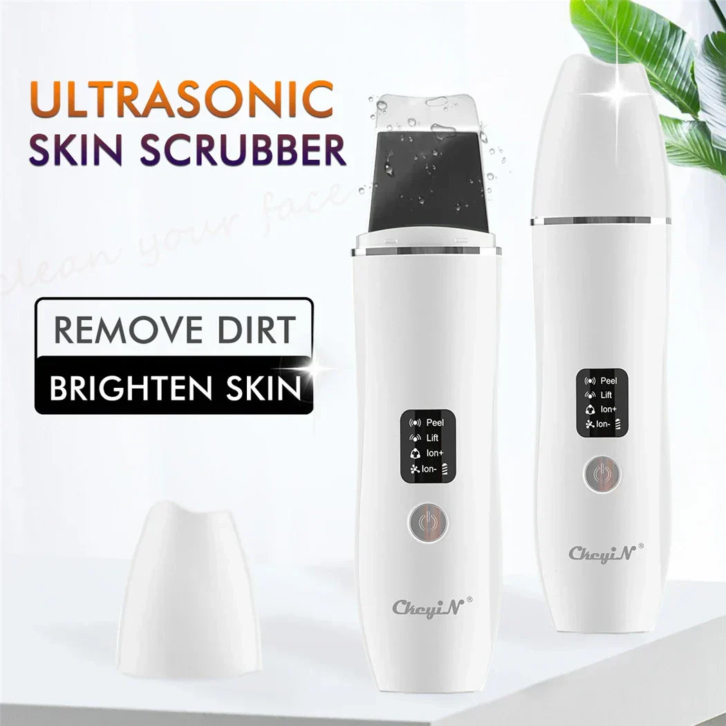 White ultrasonic skin scrubber and EMS massager handles with black display panels