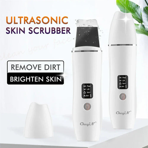White ultrasonic skin scrubber and EMS massager handles with black display panels