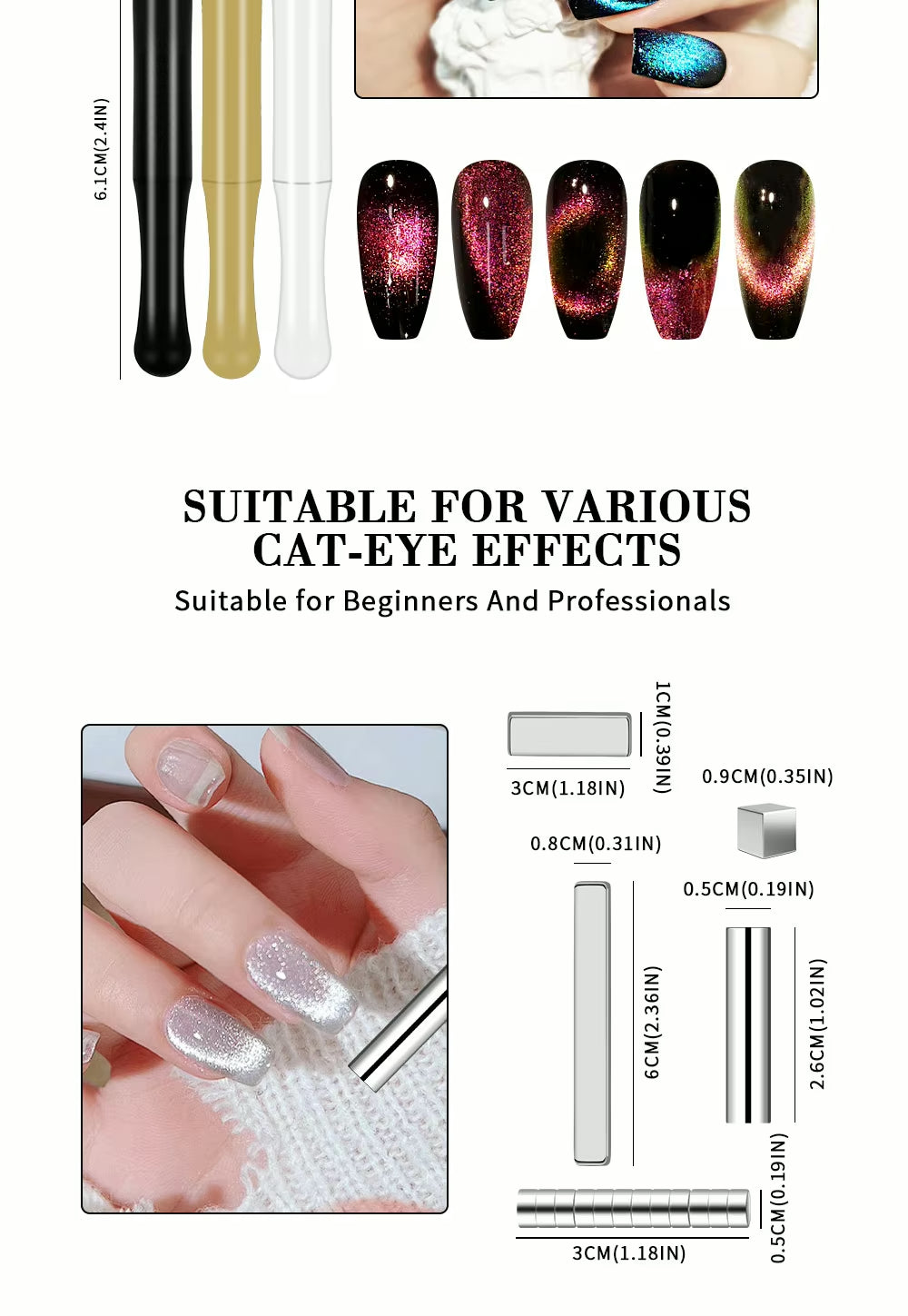 Cat eye nail art magnet set with long bar magnets, dark nail swatches, and size labels