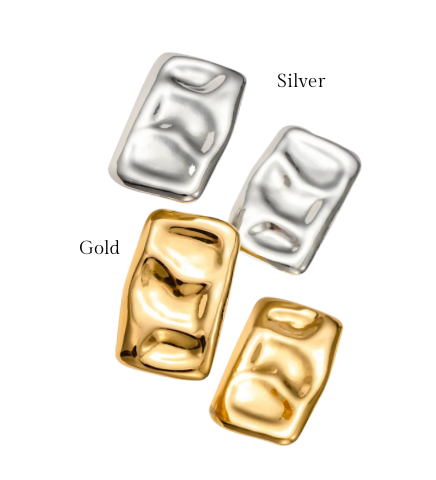 Square stud earrings in gold and silver, embossed texture