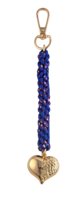 Blue beaded keychain bag charm with gold heart pendant and clasp