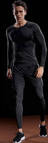 Men's long-sleeve training T-shirt, dark charcoal, long sleeves, worn on model.